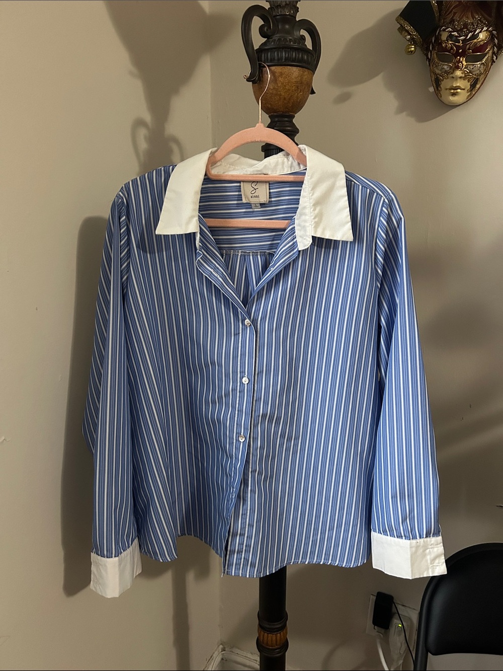 Sioni Blue and White Striped Dress Shirt with Contrast Collar